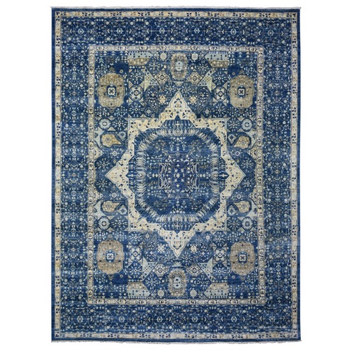 Navy Blue, Fine Peshawar with Large Serrated Medallion, Mamluk Design Densely Woven Extra Soft Wool Hand Knotted, Oriental Rug