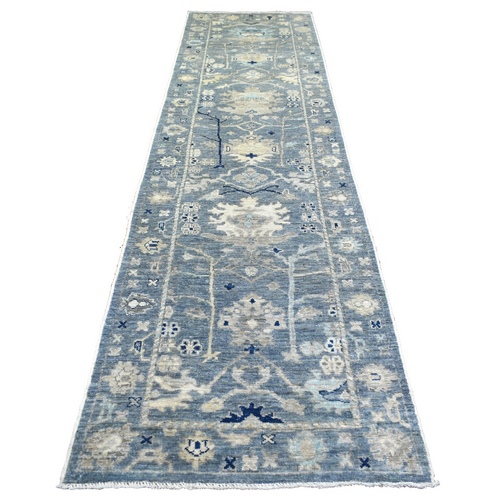 Faded Denim, Hand Knotted Afghan Angora Oushak, Natural Dyes Soft Wool, Runner Oriental Rug
