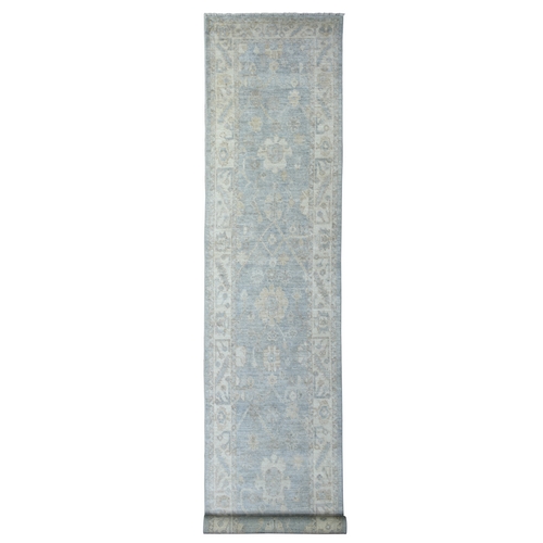 Silver Blue, Hand Knotted Afghan Angora Ushak, Natural Dyes Pure Wool, XL Runner Oriental Rug