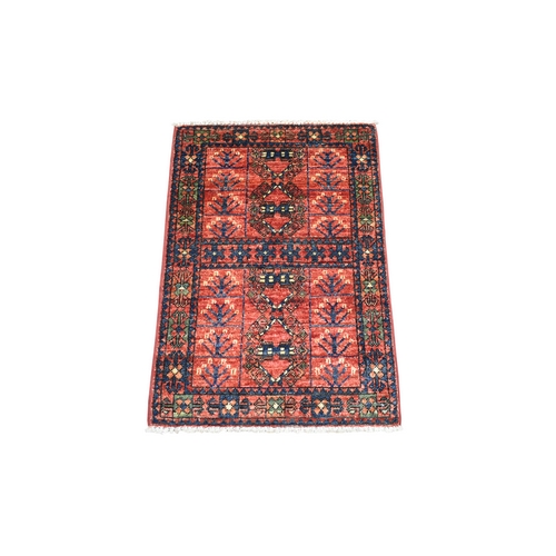 Coral Red Turkeman Ersari with Tribal Design, Natural Dyes, Hand Knotted, Pure Wool Oriental 