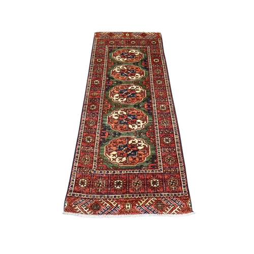 Green Turkeman Ersari with Elephant Feet Design, Natural Dyes, Hand Knotted Pure Wool Runner Oriental 
