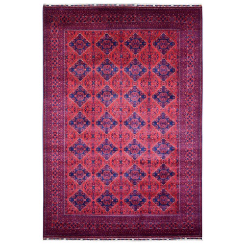 Deep and Saturated Red, Hand Knotted, Afghan Khamyab with Geometric Medallion Design, Pure Wool, Denser Weave, Oriental 