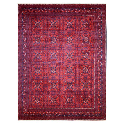 Rich Red, Geometric Design Afghan Khamyab with Pop of Navy Blue, Hand Knotted, Organic Wool, Denser Weave, Oriental 