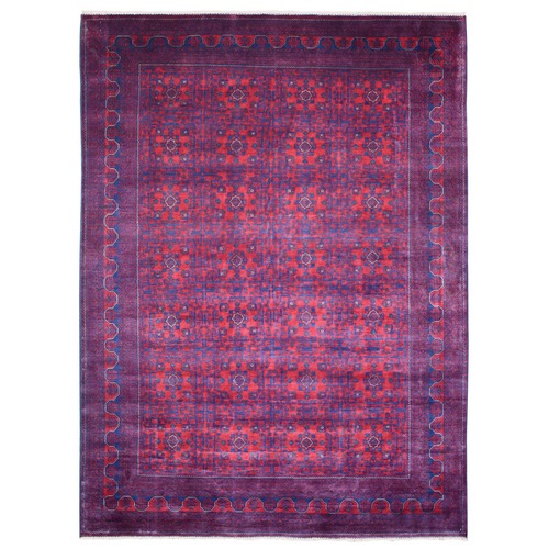 Deep and Saturated Red, Shiny Wool, Geometric Design Afghan Khamyab with Touches Of Navy Blue, Hand Knotted, Denser Weave, Oriental 
