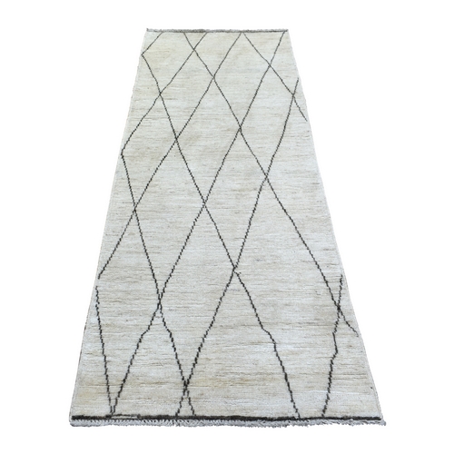 Ivory, Soft and Shiny Wool, Moroccan Berber with Criss Cross Pattern, Hand Knotted, Natural Dyes, Runner Oriental Rug