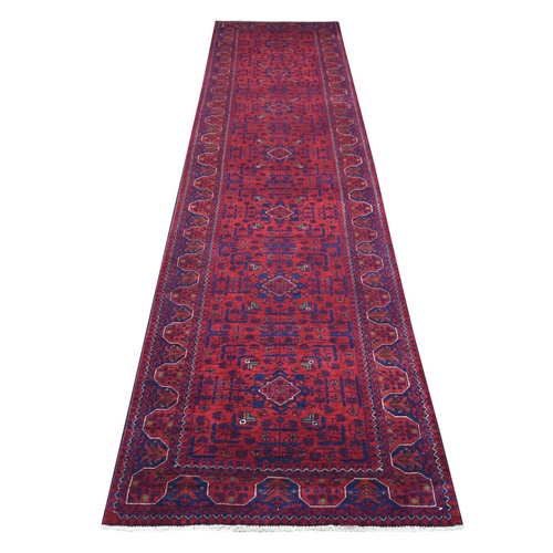 Saturated Red with Pop of Navy Blue, Afghan Khamyab, Geometric Design, Hand Knotted, Organic Wool, Natural Dyes, Oriental Runner Rug
