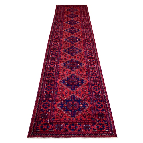 Rich Red, Afghan Khamyab with Geometric Medallion Design, Hand Knotted, Denser Weave, Soft and Shiny Wool, Runner Oriental 