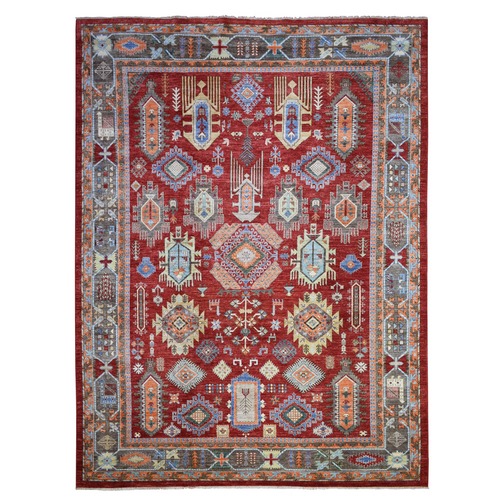 Rich Red, Hand Knotted Afghan Ersari with Large Elements Design, Vegetable Dyes Pure Wool, Oriental 