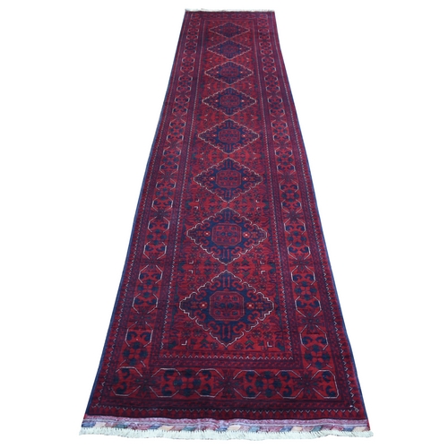 Deep and Saturated Red, Afghan Khamyab with Geometric Medallions, Soft and Shiny Wool Hand Knotted, Runner Oriental Rug