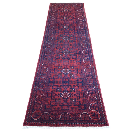 Deep And Saturated Red, Hand Knotted Afghan Khamyab with Geometric Design, Velvety Wool, Runner Oriental Rug