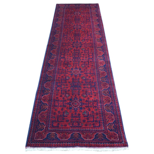 Deep and Saturated Red, Pure Wool Hand Knotted, Afghan Khamyab with Geometric Design, Runner Oriental Rug