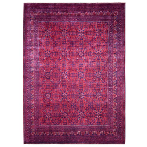 Deep and Saturated Red, Hand Knotted Afghan Khamyab with Geometric Design, Shiny Wool, Oriental Rug