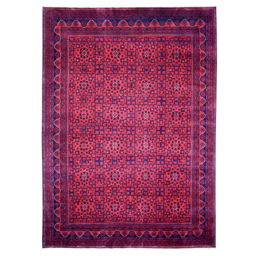 Deep and Saturated Red, Soft and Velvety Wool Hand Knotted, Afghan Khamyab with Geometric Design, Oriental Rug