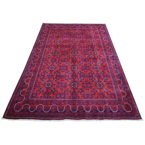 Deep and Saturated Red, Afghan Khamyab with Geometric Design, Soft and Shiny Wool Hand Knotted, Oriental Rug