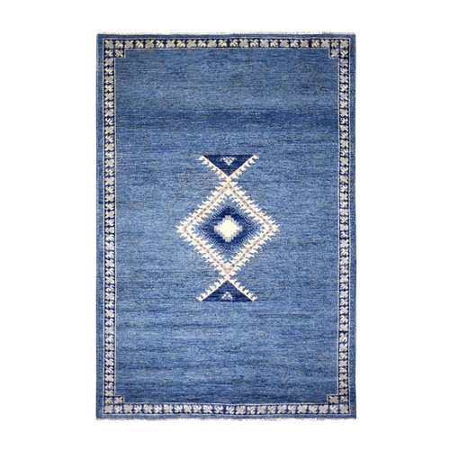 Denim Blue Hand Knotted, Soft and Shiny Wool, Moroccan Berber with Boujaad Design, Natural Dyes Oriental Rug