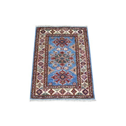 Denim Blue, Hand Knotted Caucasian Super Kazak with Geometric Design, Natural Dyes Densely Woven Shiny and Soft Wool, Mat Oriental 