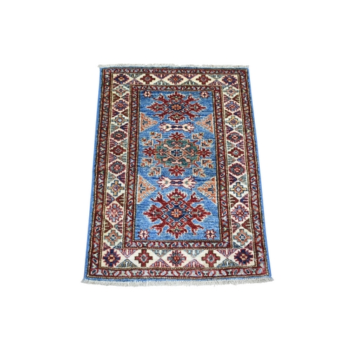 Denim Blue, Densely Woven Pure Wool Hand Knotted, Caucasian Super Kazak with Geometric Design Natural Dyes, Mat Oriental 