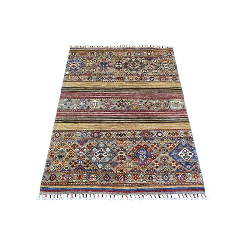 Colorful, Densely Woven Soft Wool Hand Knotted, Afghan Super Kazak with Khorjin Design Natural Dyes, Oriental 