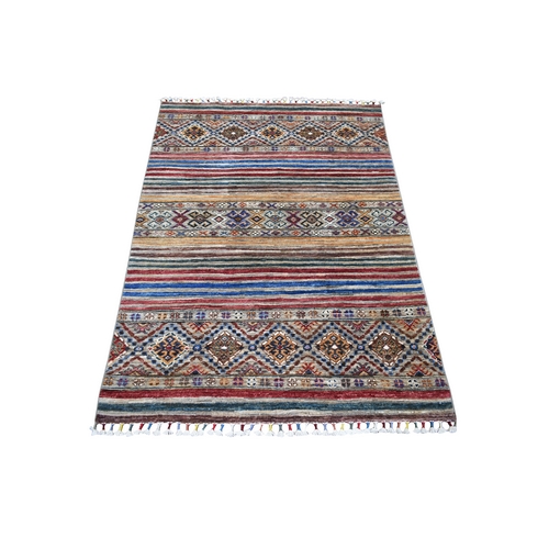 Colorful, Natural Dyes Densely Woven Ghazni Wool, Hand Knotted Afghan Super Kazak with Khorjin Design, Oriental 