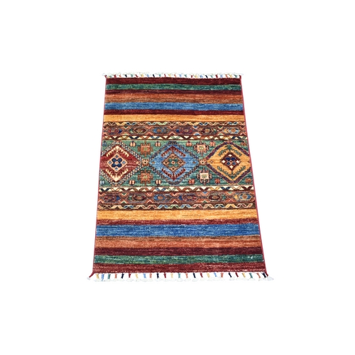 Colorful, Pure Wool Hand Knotted, Caucasian Super Kazak with Khorjin Design Natural Dyes Densely Woven, Mat Oriental 