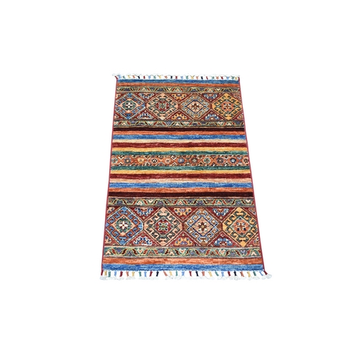 Colorful, Densely Woven Shiny and Soft Wool Hand Knotted, Caucasian Super Kazak with Khorjin Design Natural Dyes, Mat Oriental 