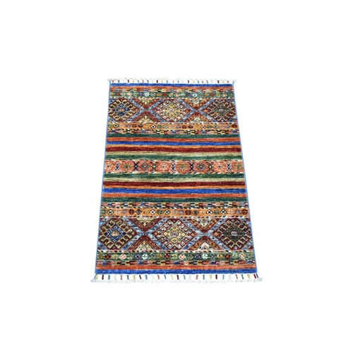 Colorful, Natural Dyes Densely Woven Soft Wool, Hand Knotted Afghan Super Kazak with Khorjin Design, Mat Oriental 