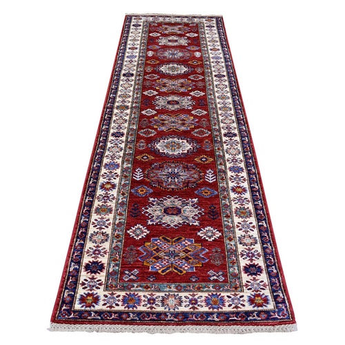 Rich Red, Natural Dyes Densely Woven Shiny and Soft Wool, Hand Knotted Caucasian Super Kazak, Wide Runner Oriental Rug