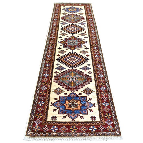Ivory, Soft Wool Hand Knotted, Afghan Super Kazak Natural Dyes Densely Woven, Runner Oriental Rug