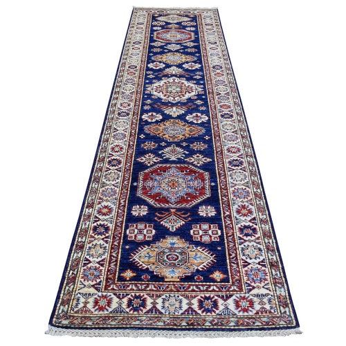 Blue, Natural Dyes Densely Woven Pure Wool, Hand Knotted Caucasian Super Kazak, Wide Runner Oriental Rug