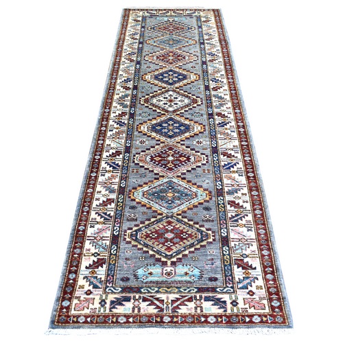 Gray, Afghan Super Kazak, Natural Dyes Densely Woven, Ghazni Wool Hand Knotted, Wide Runner Oriental Rug