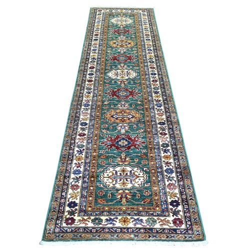 Emerald Green, Hand Knotted Caucasian Super Kazak, Natural Dyes Densely Woven Shiny and Soft Wool, Runner Oriental Rug