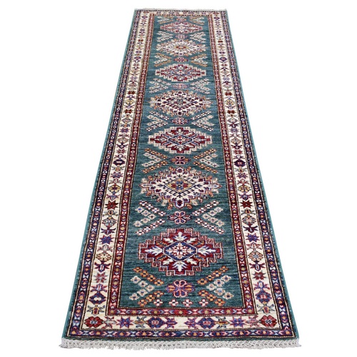 Emerald Green, Afghan Super Kazak, Natural Dyes Densely Woven, Soft Wool Hand Knotted, Runner Oriental Rug