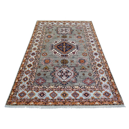 Gray, Caucasian Super Kazak Natural Dyes Densely Woven, Shiny and Soft Wool Hand Knotted, Oriental 