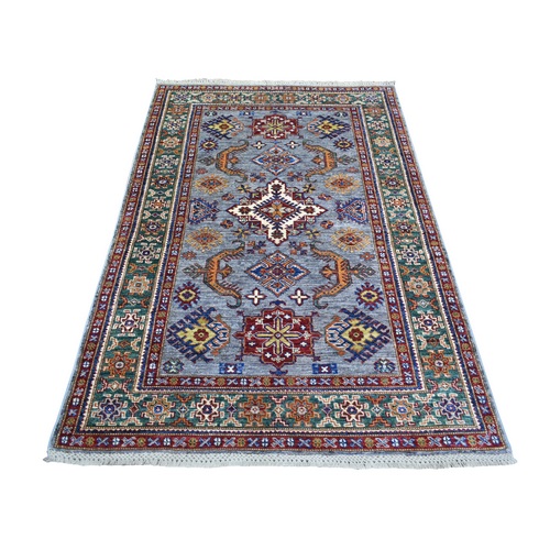 Blue, Afghan Super Kazak Natural Dyes, Densely Woven Soft Wool Hand Knotted, Oriental Rug