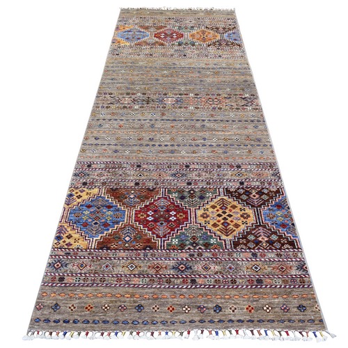 Colorful Densely Woven Hand Knotted, Caucasian Super Kazak with Khorjin Design Shiny and Soft Wool Natural Dyes, Runner Oriental Rug