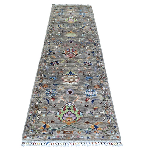 Gray Natural Dyes Densely Woven Soft Wool Hand Knotted, Afghan Super Kazak with Mahal Design, Runner Oriental Rug
