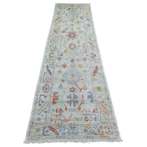 Beige, Hand Knotted Angora Ushak with Colorful Leaf Design, Natural Dyes Afghan Wool, Runner Oriental Rug
