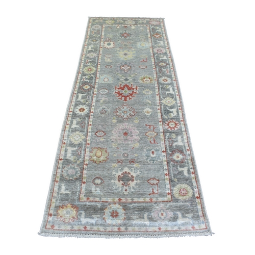 Gray, Hand Knotted Afghan Angora Ushak, Natural Dyes Pure Wool, Runner Oriental Rug