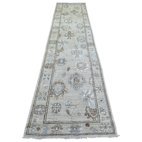 Gray, Soft and Supple Wool Hand Knotted, Afghan Angora Oushak Natural Dyes, Runner Oriental Rug