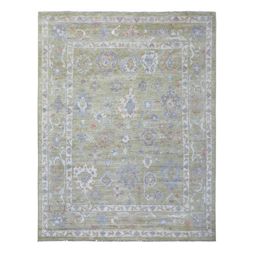 Golden Green, Angora Ushak with Colorful Leaf Design Natural Dyes, Afghan Wool Hand Knotted, Oriental Rug