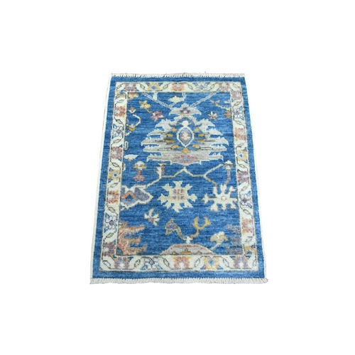 Denim Blue, Hand Knotted Angora Ushak with Colorful Leaf Design, Natural Dyes Afghan Wool, Mat Oriental Rug
