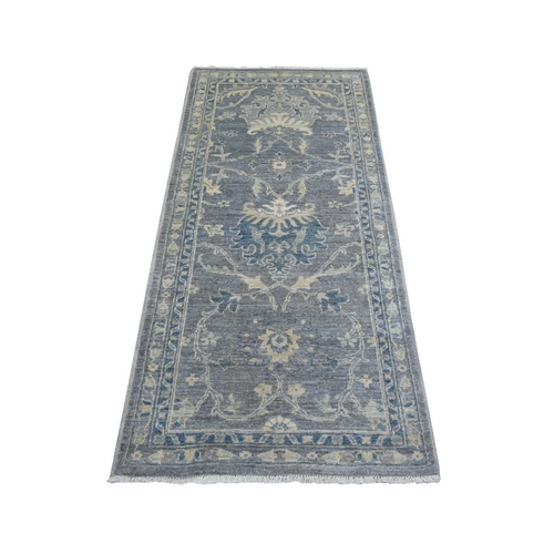Stone Gray, Pure Wool Hand Knotted, Fine Peshawar with All Over Design Densely Woven, Runner Oriental Rug