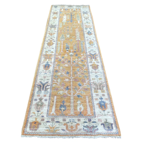 Faded Orange Angora Oushak with Willow and Cypress Tree Design, Natural Dyes, Afghan Wool Hand Knotted Runner Oriental Rug