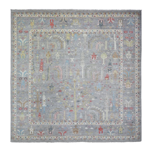Silver Gray Natural Dyes, Afghan Wool Hand Knotted Angora Oushak with Willow and Cypress Tree Design Square Oriental Rug