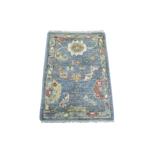 Denim Blue Angora Oushak With Colorful Leaf Design Natural Dyes, Afghan Wool Hand Knotted Mat Oriental 