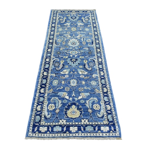 Denim Blue, Extra Soft Wool Hand Knotted, Fine Peshawar with All Over Motifs Densely Woven, Runner Oriental Rug