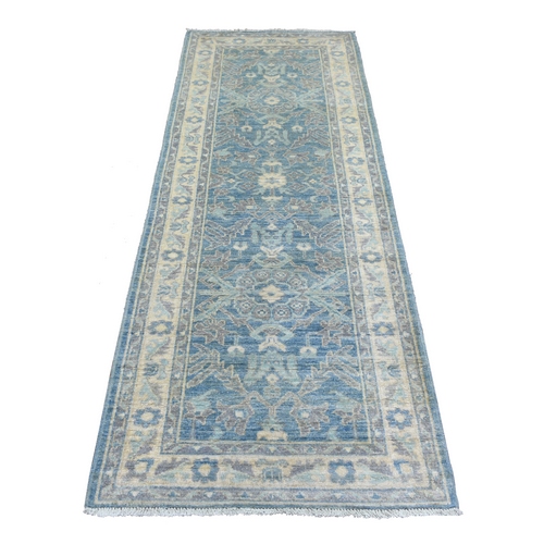 Light Blue, Fine Peshawar with All Over Design Densely Woven, Organic Wool Hand Knotted, Runner Oriental Rug