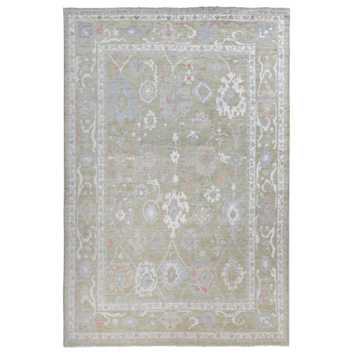 Olive Green Angora Oushak With Colorful Leaf Design Natural Dyes, Afghan Wool Hand Knotted Oversized Oriental Rug