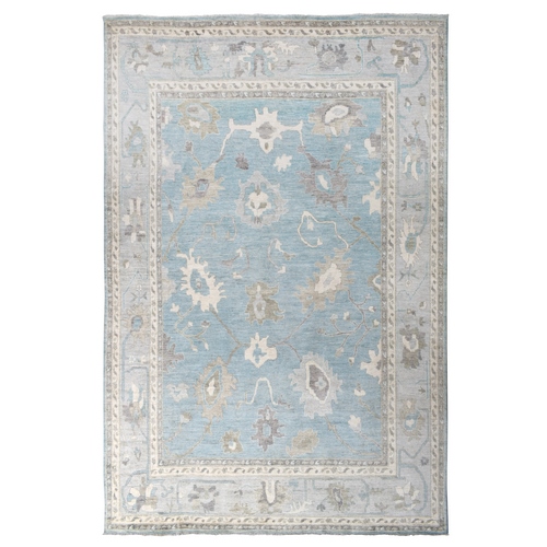 Light Blue Angora Oushak Soft Colors With Leaf Design Natural Dyes, Afghan Wool Hand Knotted Oversized Oriental Rug