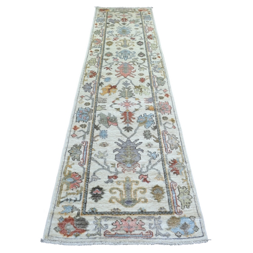 Ivory Colorful Leaf Design Natural Dyes, Afghan Wool Hand Knotted Angora Oushak Runner Oriental Rug